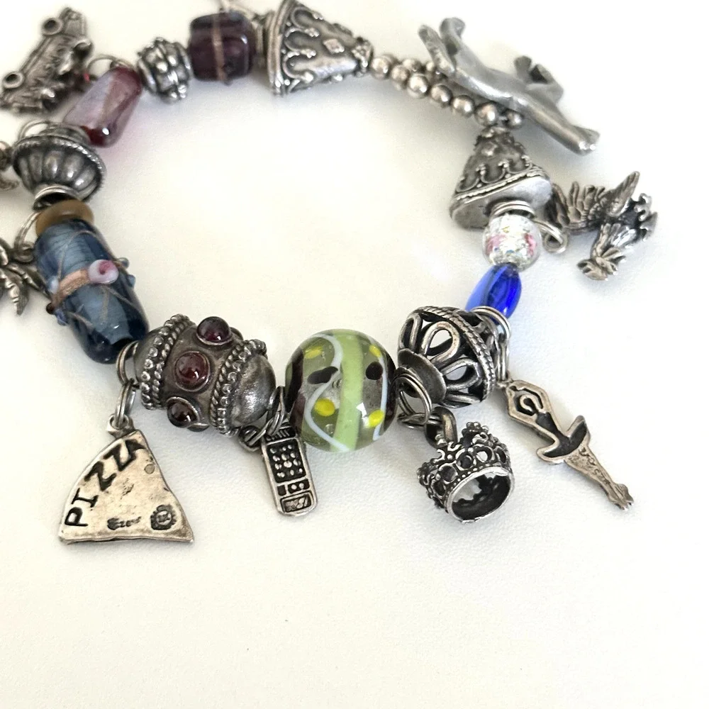 Vintage 925 Sterling Silver Garnet Murano Art Glass Loaded Charm Bracelet 7